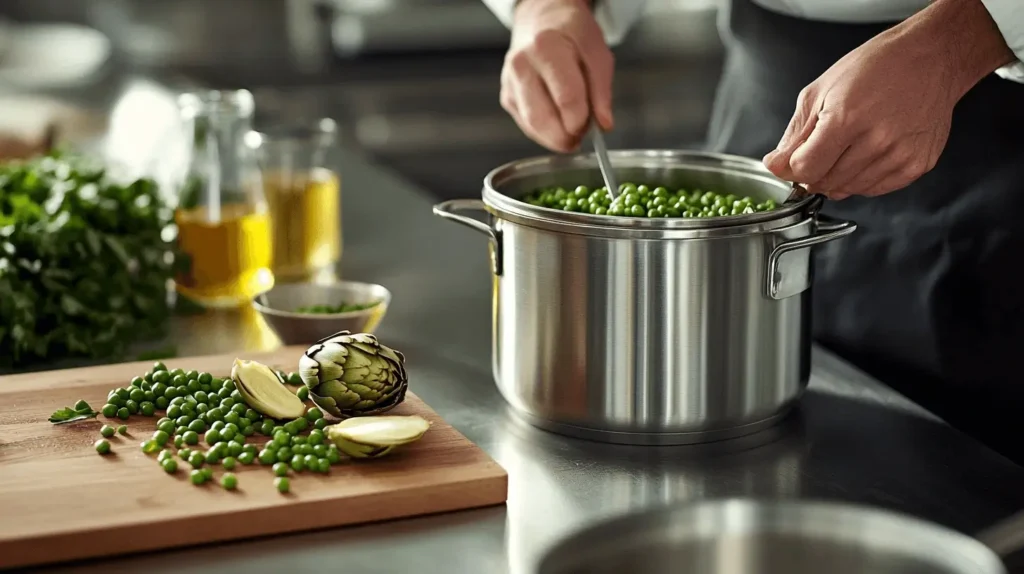 A chef preparing artichokes, blanching peas, and slicing preserved lemons on a wooden cutting board in a modern kitchen.