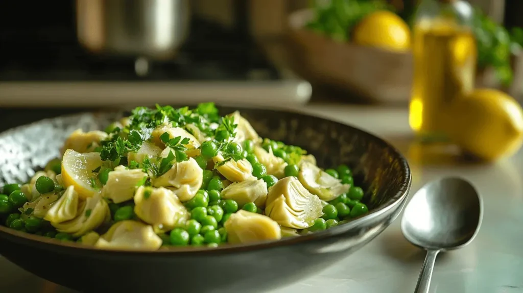 A bowl of partially prepared Artichoke, Green Peas, and Preserved Lemon Salad, featuring vibrant greens and fresh herbs on a modern kitchen counter.