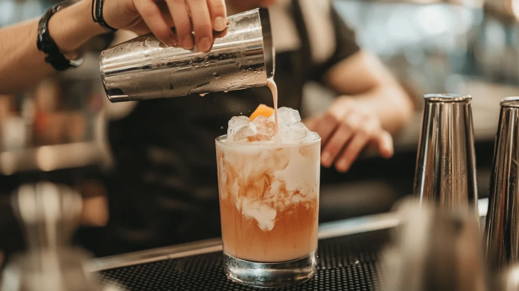 Bartender preparing an Orange Creamsicle White Russian cocktail in a modern kitchen, adding vodka, coffee liqueur, and shaking with ice.
