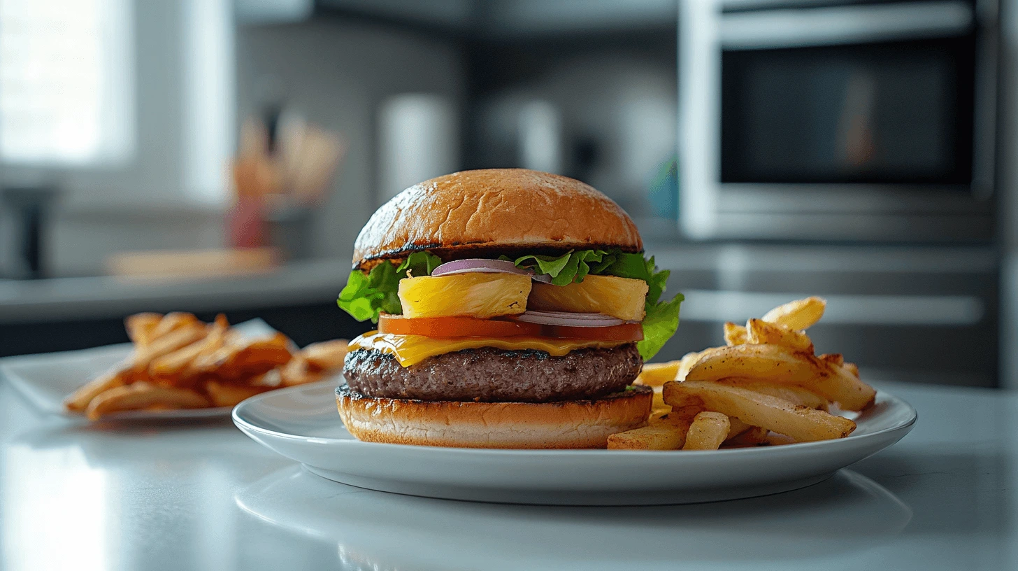 A finished Grilled Pineapple Cheeseburger with crispy fries on a modern kitchen countertop, surrounded by sleek appliances.