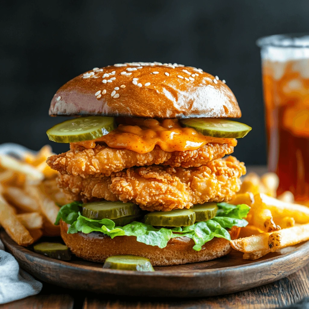 Final picture of Honey Sriracha Fried Chicken Sandwich, with crispy chicken, honey sriracha sauce, lettuce, and pickles.