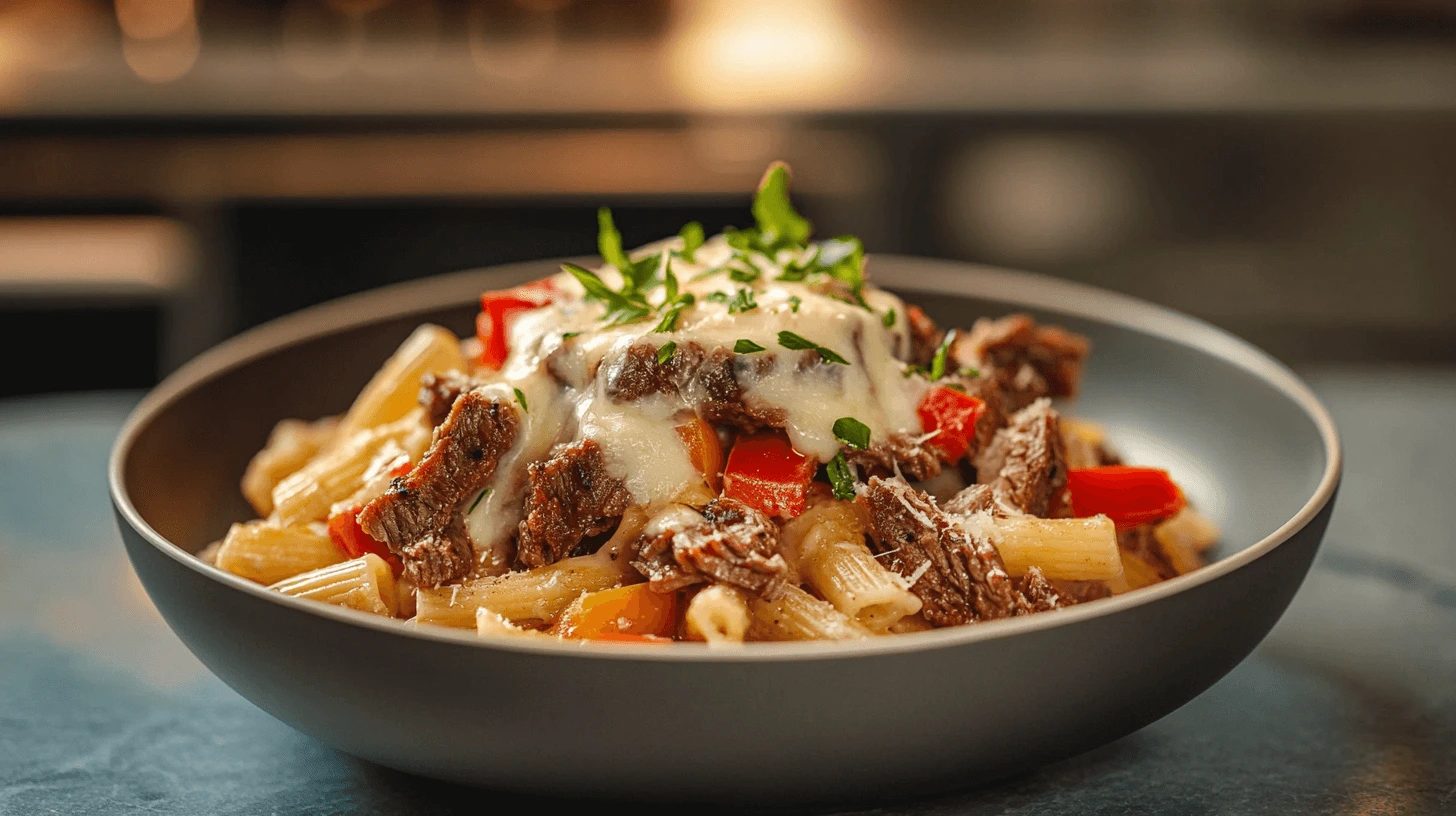 A bowl of finished Philly Cheesesteak Pasta topped with melted cheese and fresh herbs, served in a modern kitchen.
