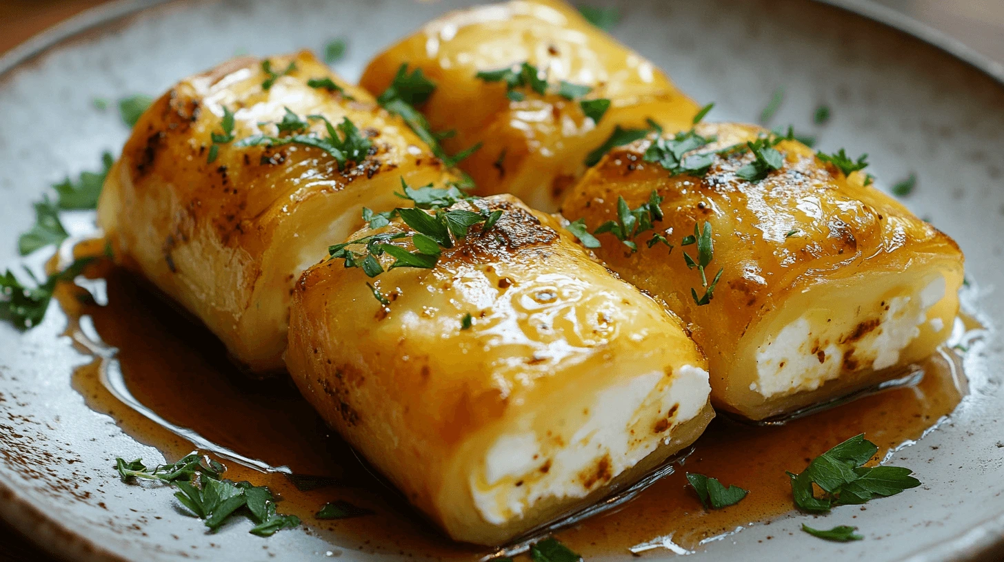 Golden crispy baked feta rolls with a drizzle of spicy chili honey, garnished with parsley on a rustic plate.