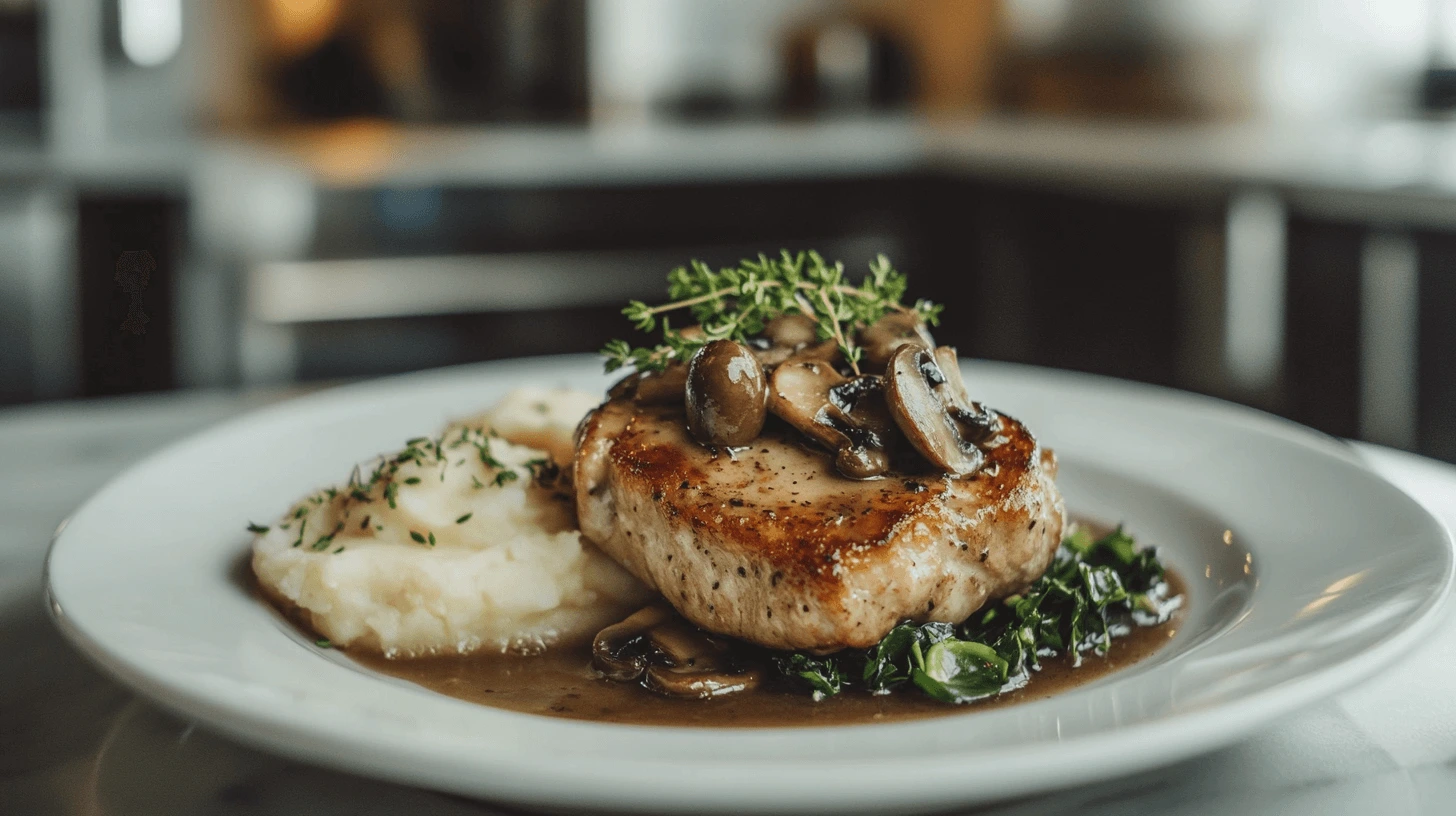 Plated creamy garlic mushroom pork chops with mashed potatoes and greens in a modern kitchen.
