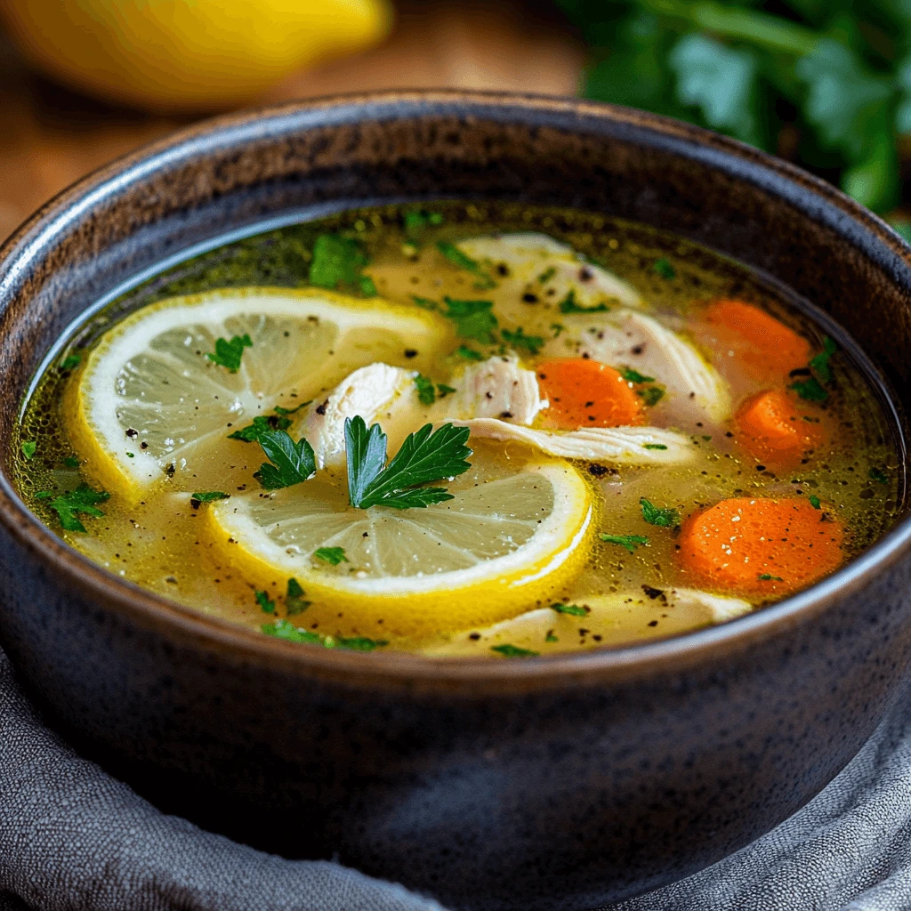 A steaming bowl of Mediterranean Lemon Chicken Soup garnished with lemon slices and parsley, set on a rustic wooden table with soft, warm lighting.