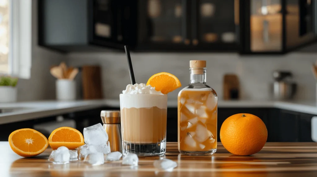 Ingredients for Orange Creamsicle White Russian, including vodka, coffee liqueur, fresh orange, heavy cream, and ice cubes, on a modern kitchen countertop.