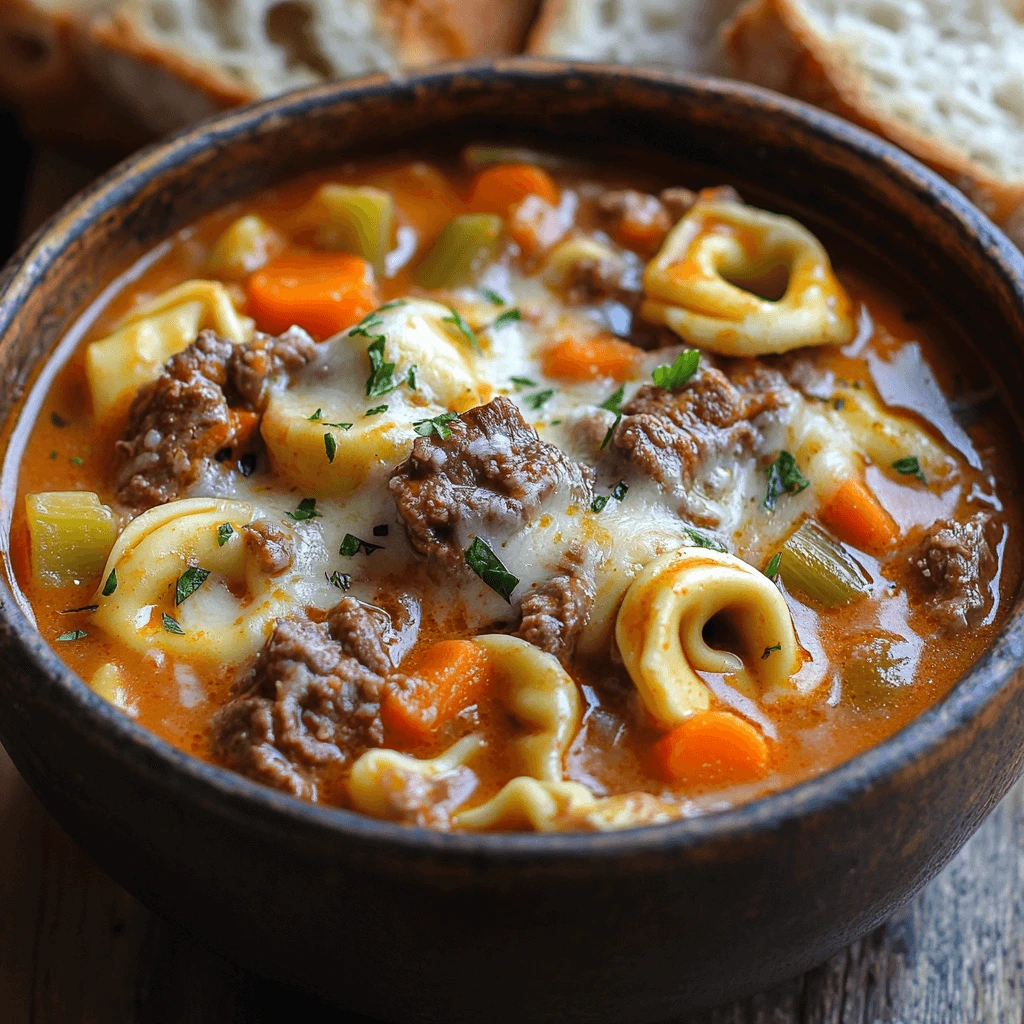 Bowl of Cheesy Beef Tortellini Stew served with fresh herbs and cheese on a wooden table.