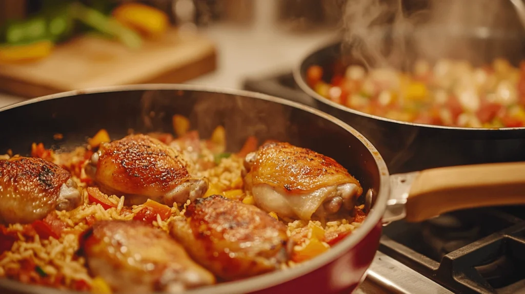 Preparing crispy Puerto Rican chicken and chorizo rice with chicken thighs, chorizo, and seasoned rice on the stove.