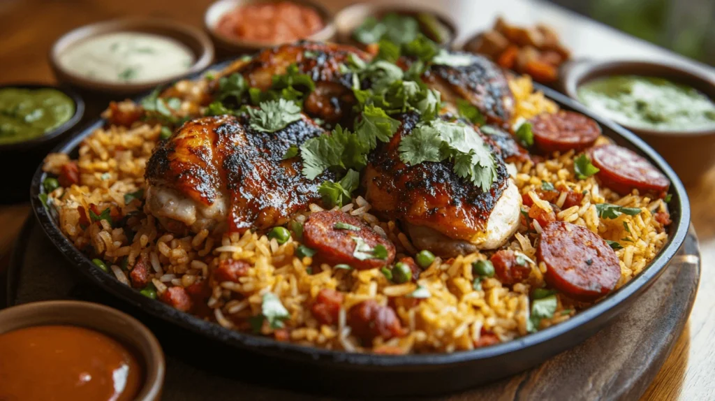 A large serving dish of crispy Puerto Rican chicken and chorizo rice garnished with cilantro on a rustic table.