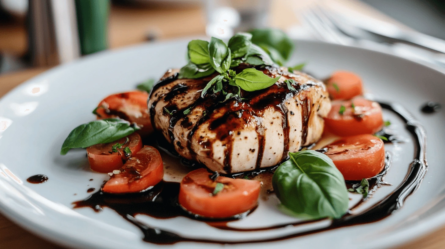 A finished plate of Balsamic Caprese Chicken with fresh basil, sliced tomatoes, and balsamic glaze, served in a modern kitchen.
