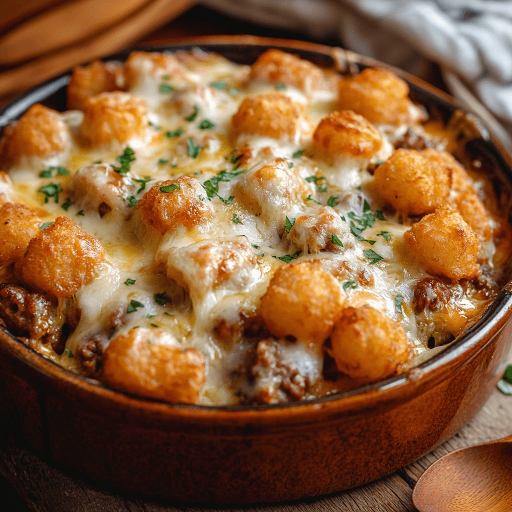 Golden, crispy Cheesy Tater Tot Meatloaf Casserole fresh out of the oven, ready to serve.