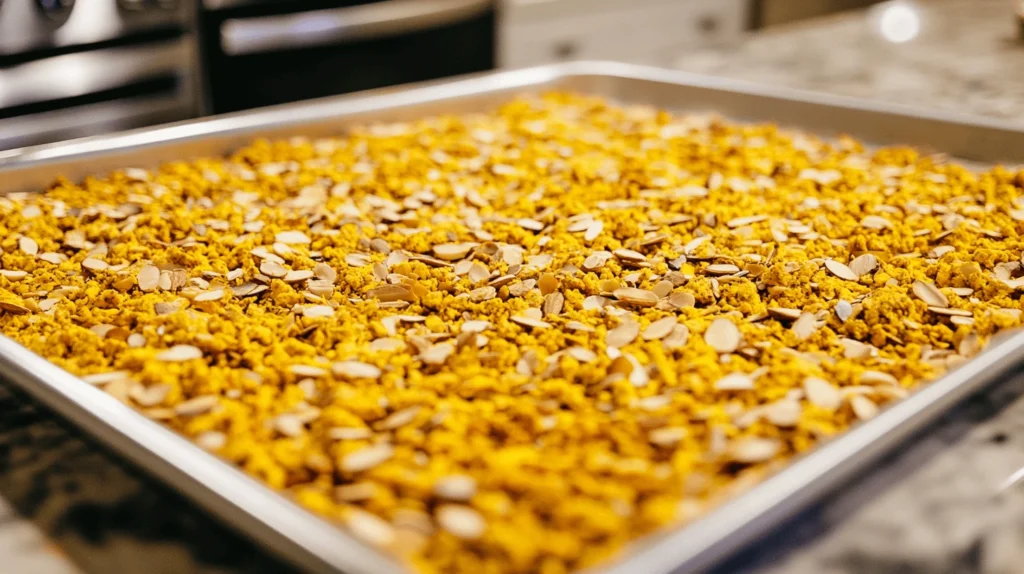 Granola mixture spread out on a baking sheet, ready for baking, in a modern kitchen.