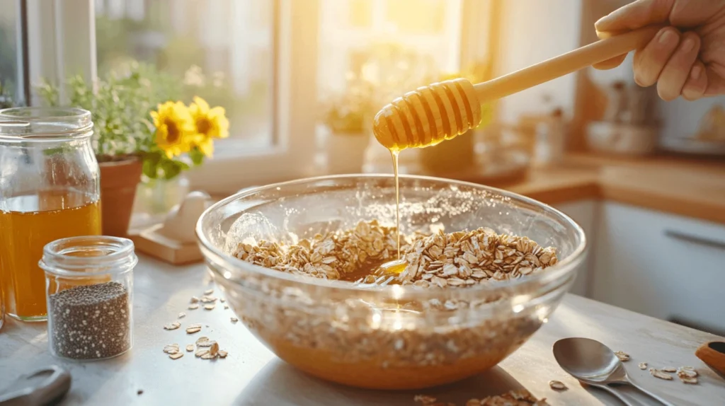 Preparing the turmeric and honey granola, mixing oats, spices, and honey in a modern kitchen.