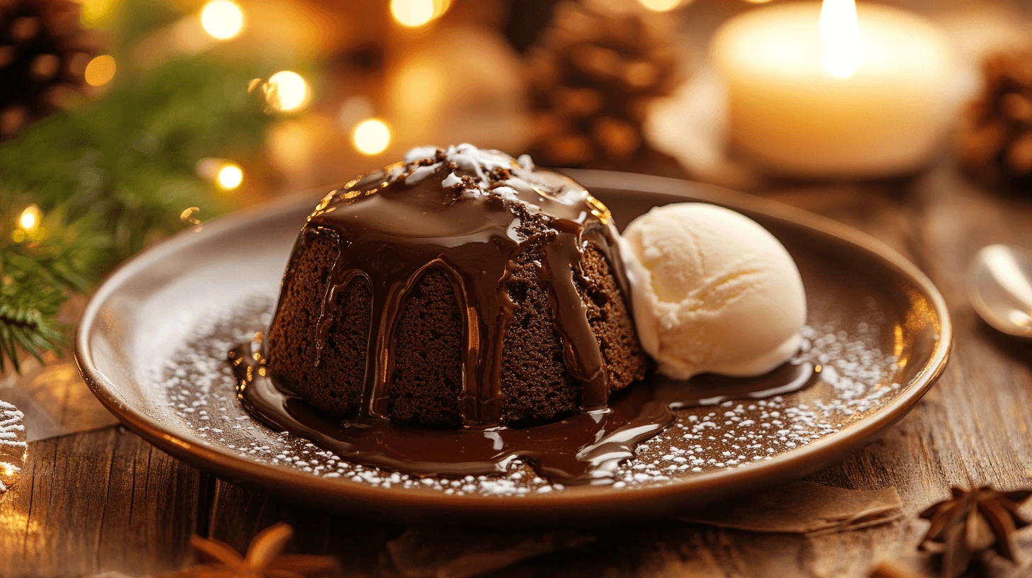 Hot Fudge Chocolate Pudding Cake served with vanilla ice cream and fudge sauce.