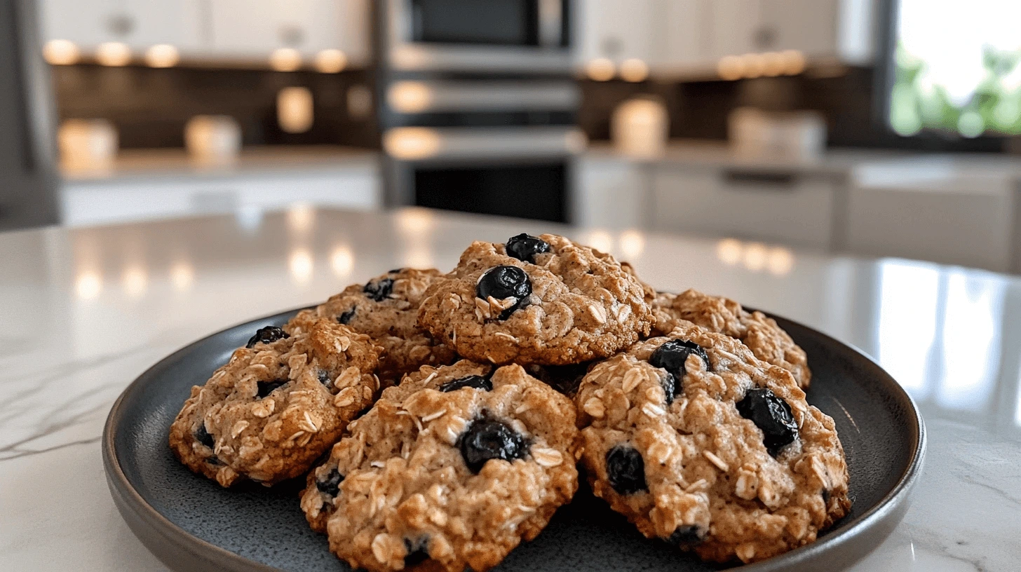 A plate of freshly baked Healthy Banana Blueberry Oatmeal Breakfast Cookies on a modern kitchen table.