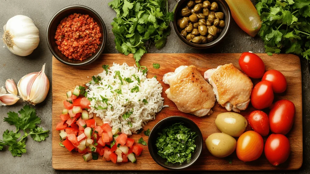 Fresh ingredients for crispy Puerto Rican chicken and chorizo rice on a rustic kitchen counter.
