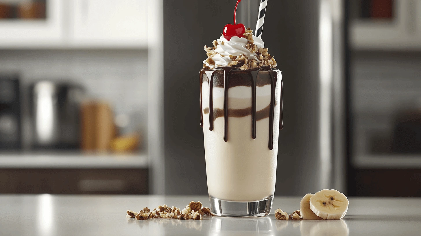 A beautifully topped banana split milkshake with whipped cream, chocolate syrup, a cherry, and crushed nuts, set in a modern kitchen.