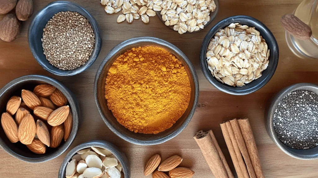Ingredients for turmeric and honey granola arranged on a kitchen countertop, including oats, honey, turmeric powder, and nuts.