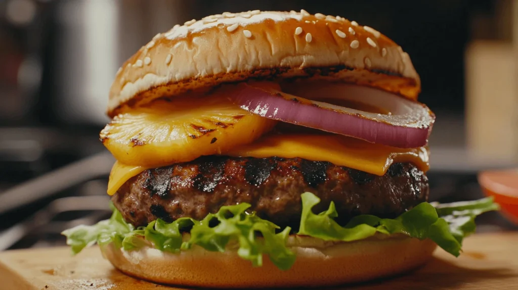 Assembling the Grilled Pineapple Cheeseburger with grilled beef patty, melted cheddar cheese, pineapple, lettuce, tomato, onions, and pickles on a sesame seed bun.