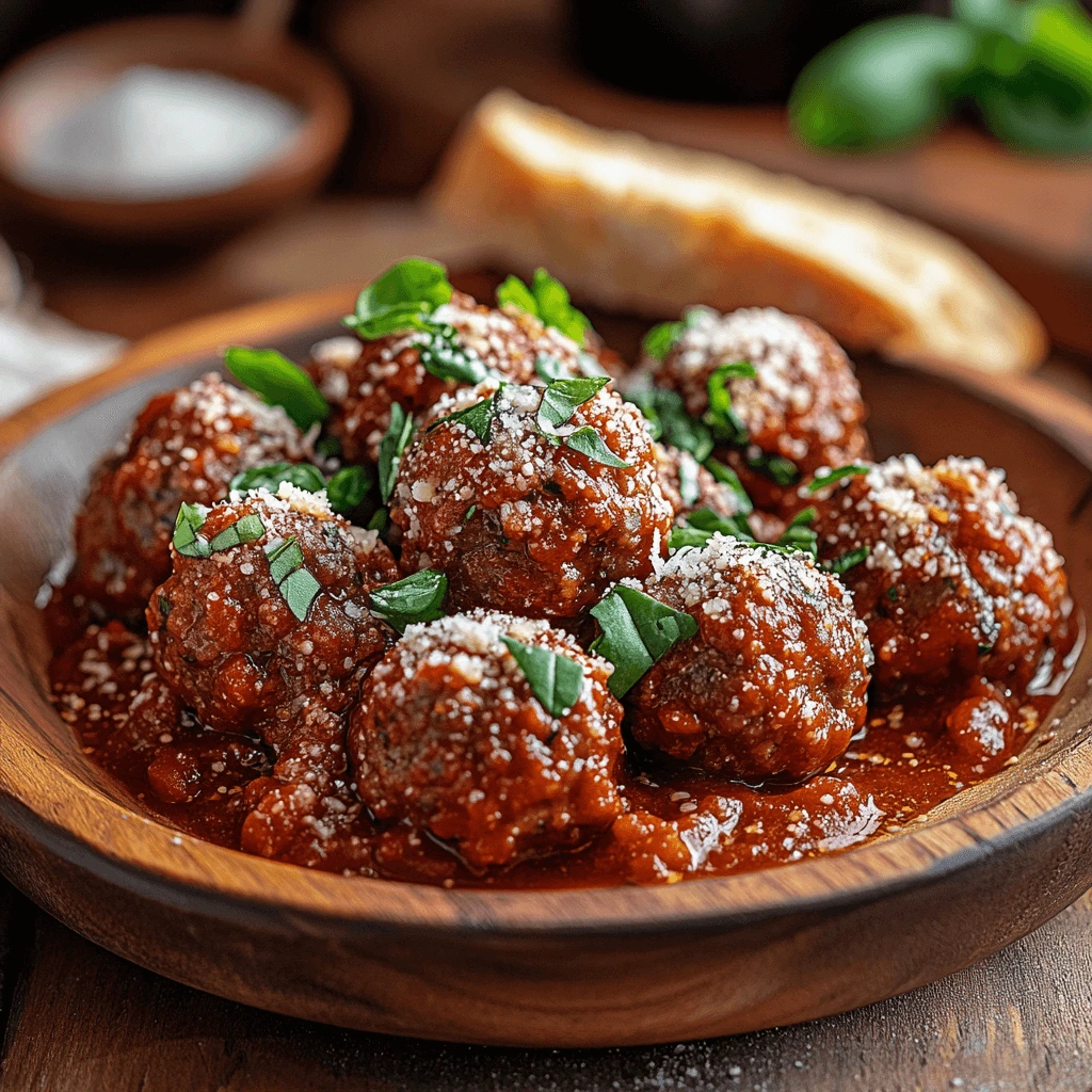 Classic Italian meatballs in marinara sauce, garnished with basil and parmesan, served on a rustic plate.