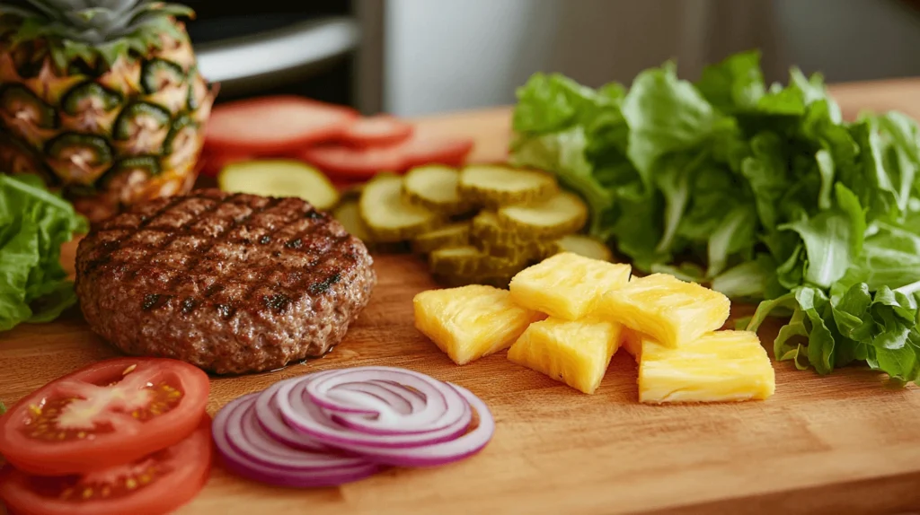 A selection of fresh ingredients for Grilled Pineapple Cheeseburger: pineapple, beef patty, cheddar cheese, lettuce, tomato, onions, pickles, and a sesame seed bun.