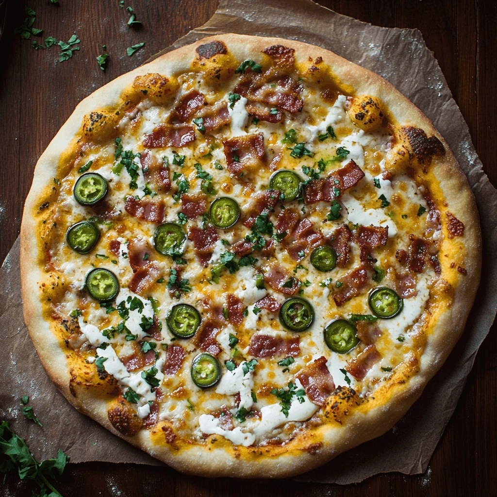 Finished Spicy Jalapeño Popper Pizza with ranch drizzle, crispy bacon, jalapeños, and melted cheese.
