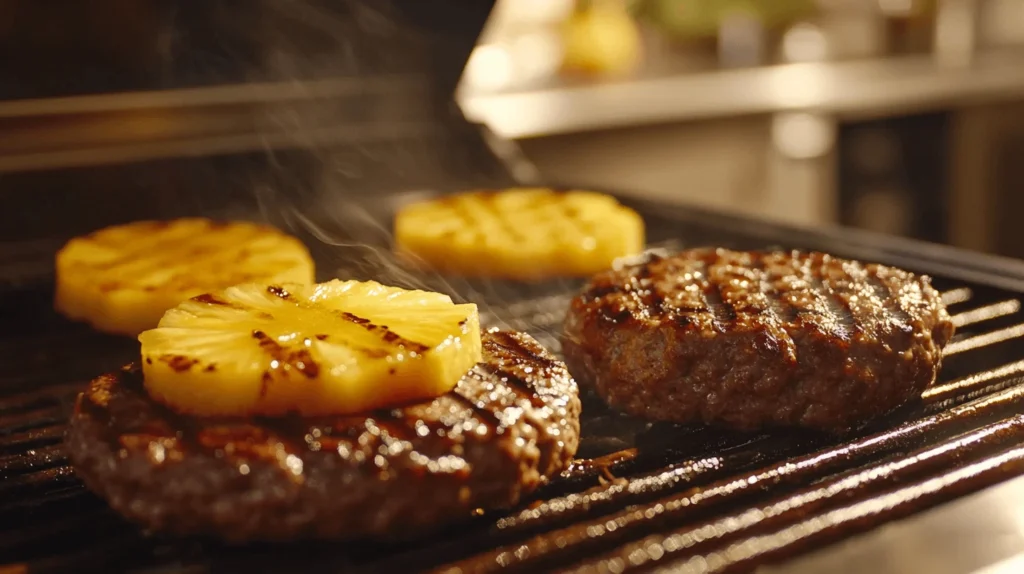 Grilling beef patties and pineapple slices for Grilled Pineapple Cheeseburger, with cheddar cheese melting on top.