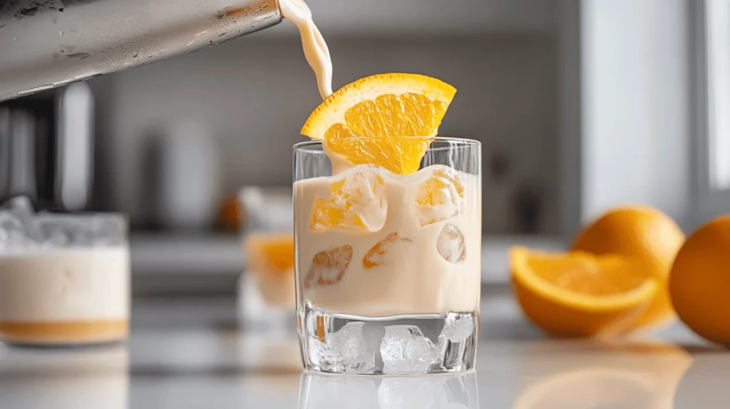 Orange Creamsicle White Russian being poured into a glass with ice cubes and an orange slice garnish in a modern kitchen.