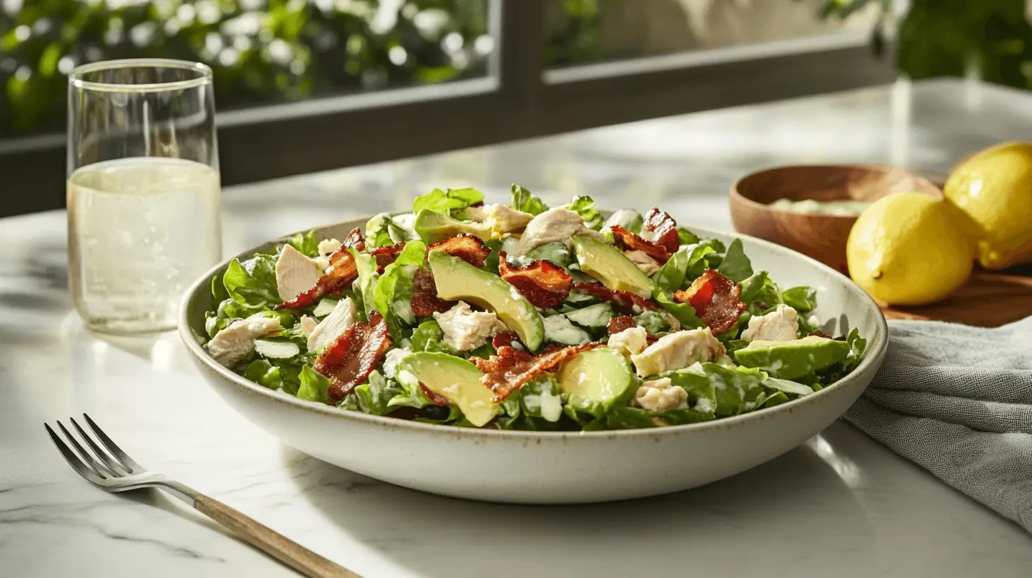 A fully prepared BLT Chicken Salad with Avocado served in a modern kitchen setting, paired with lemon-infused water.