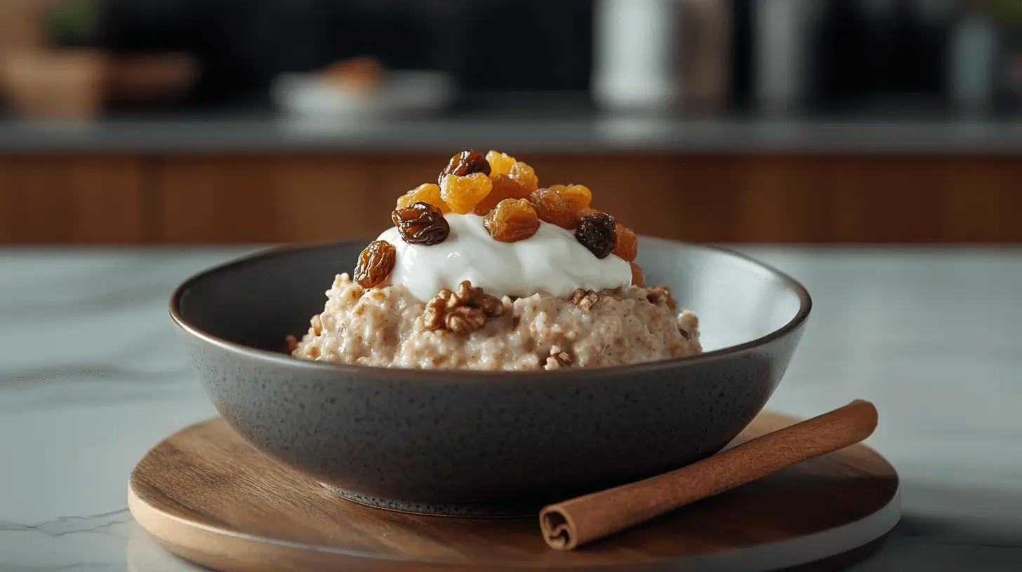 A plated Carrot Cake N’Oatmeal bowl, garnished with coconut yogurt, walnuts, and raisins, sitting in a sleek, modern kitchen.