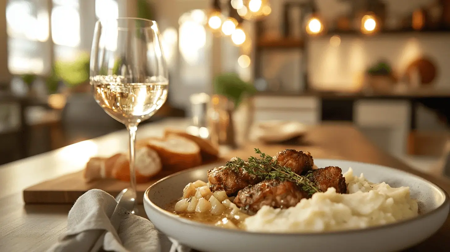 A beautifully plated dish of fried chicken livers with thyme, garlic, and leeks, served with artisan bread and mashed potatoes in a modern kitchen.