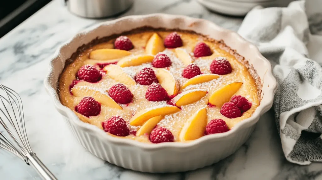 A ceramic baking dish filled with freshly prepared Peach & Raspberry Clafoutis batter, ready to be baked.