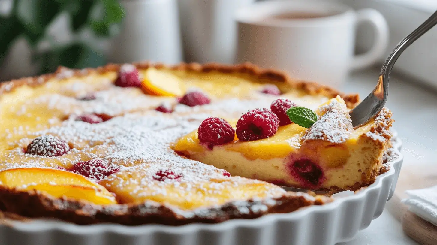 A beautifully baked Peach & Raspberry Clafoutis, golden brown with caramelized edges, dusted with powdered sugar.