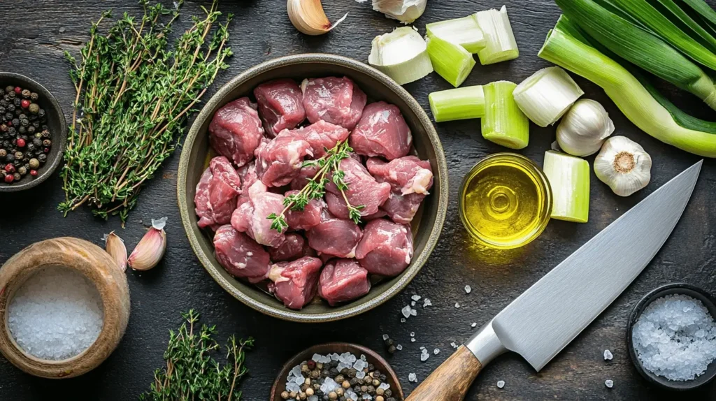 A rustic kitchen counter displaying raw chicken livers, fresh thyme, garlic, leeks, butter, and olive oil, ready for cooking.