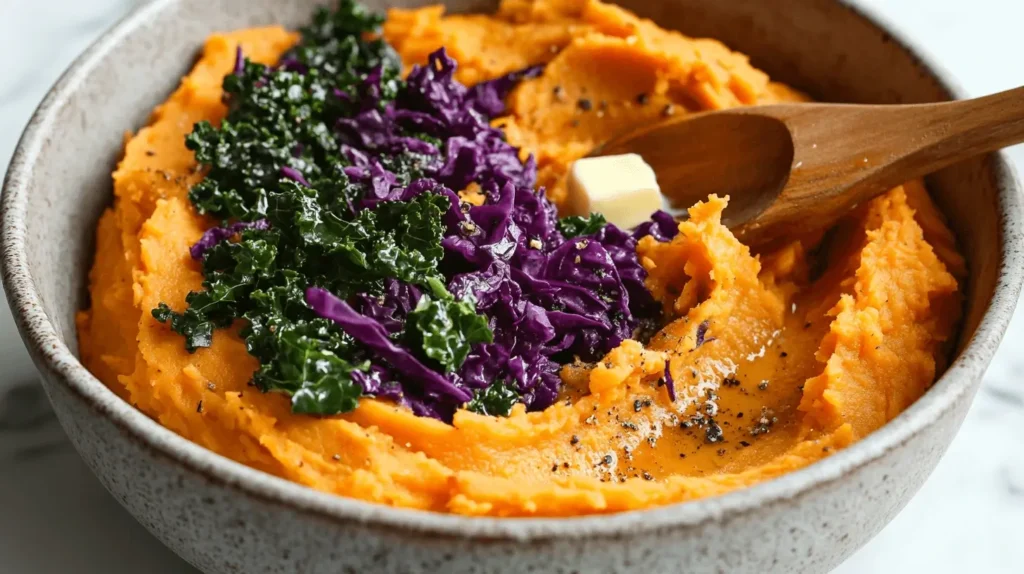 A bowl of creamy sweet potato mash with sautéed garlic, shredded cabbage, and kale, freshly mixed in a modern kitchen.