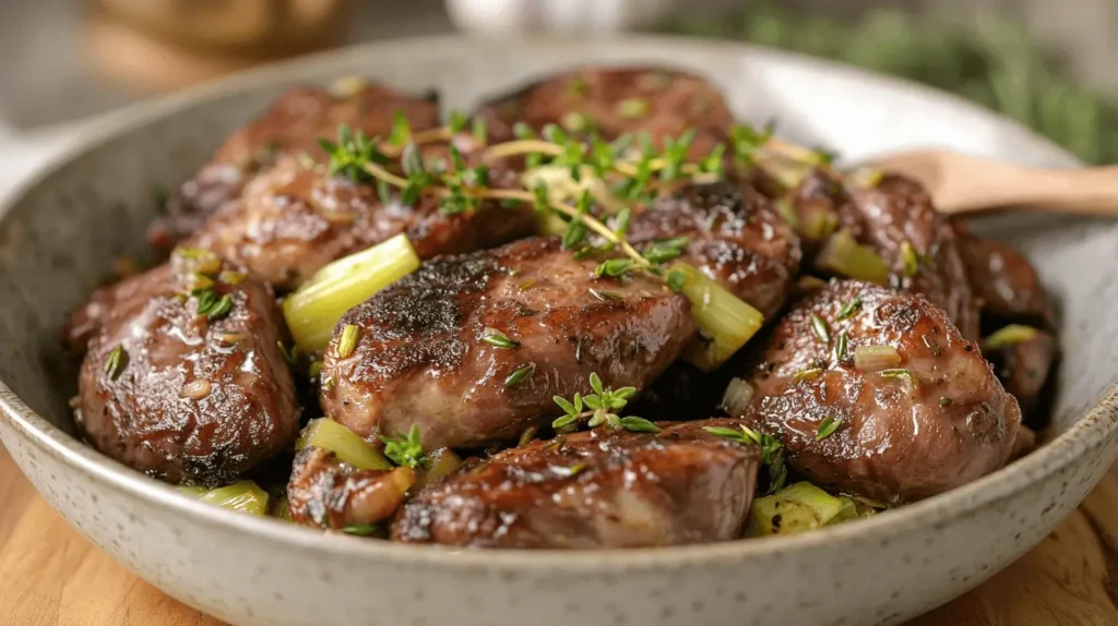 A rustic plate of fried chicken livers with caramelized leeks and garlic, garnished with fresh thyme, served in a cozy kitchen setting.