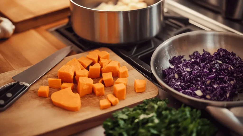 Sweet potatoes boiling in a pot, shredded cabbage and kale on a cutting board, and garlic sizzling in a pan in a modern kitchen.