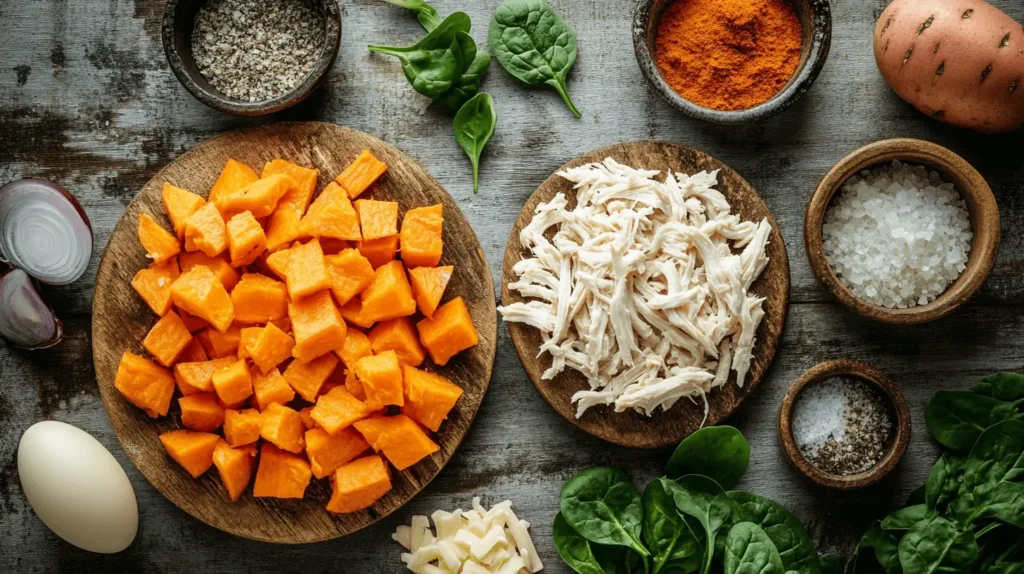 A top-down view of fresh ingredients for Sweet Potato & Chicken Breakfast Muffins, including diced sweet potatoes, shredded chicken, eggs, cheese, onions, and spinach, beautifully arranged on a rustic countertop.