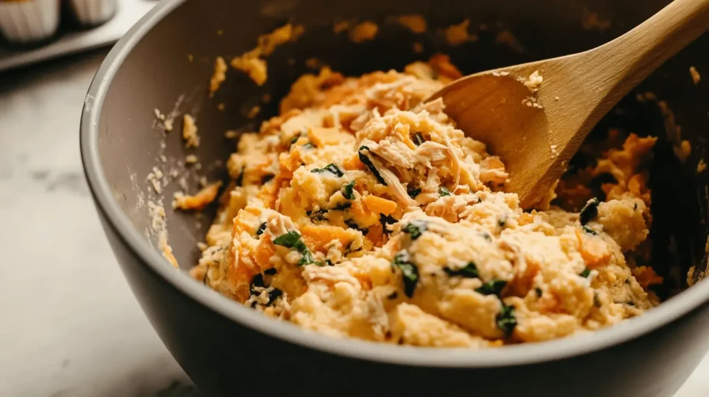 A close-up of a mixing bowl with a wooden spoon stirring mashed sweet potatoes, shredded chicken, eggs, cheese, onions, and spinach, creating a thick batter.