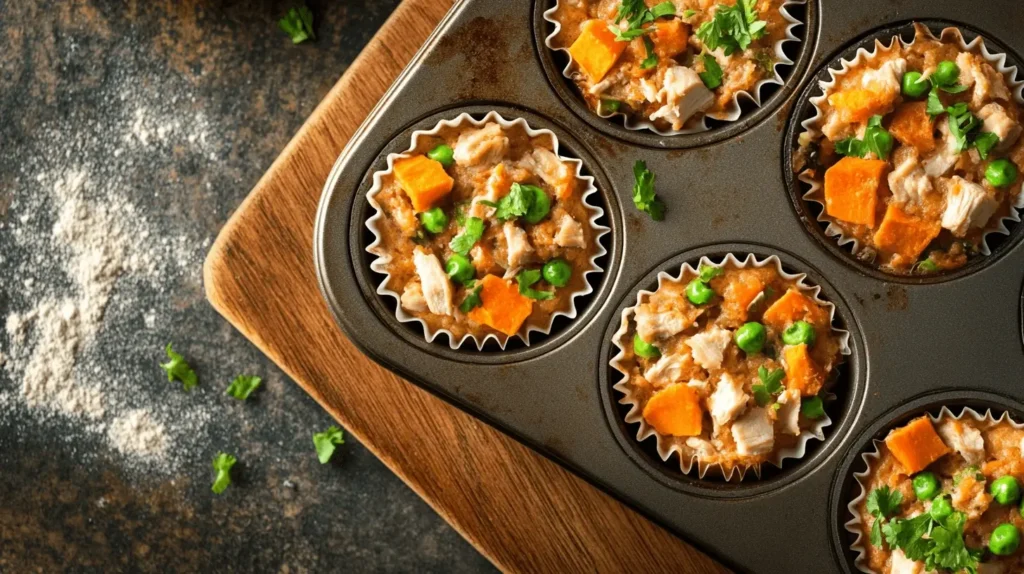 A muffin tin filled with Sweet Potato & Chicken Breakfast Muffin batter, ready to be baked, sitting on a wooden cutting board in a modern kitchen.