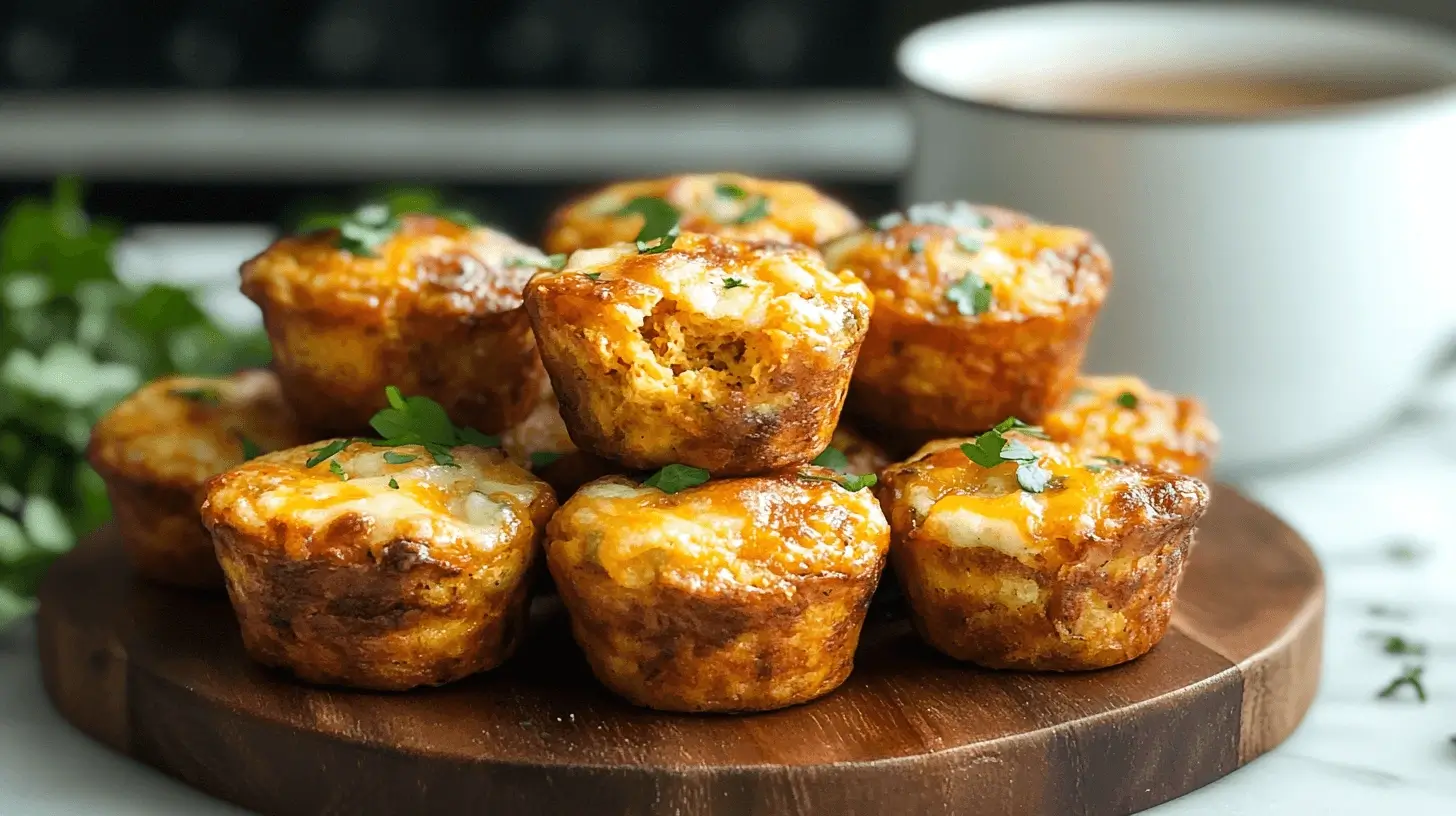 A close-up of golden brown Sweet Potato & Chicken Breakfast Muffins, freshly baked and stacked on a wooden platter, garnished with fresh herbs.