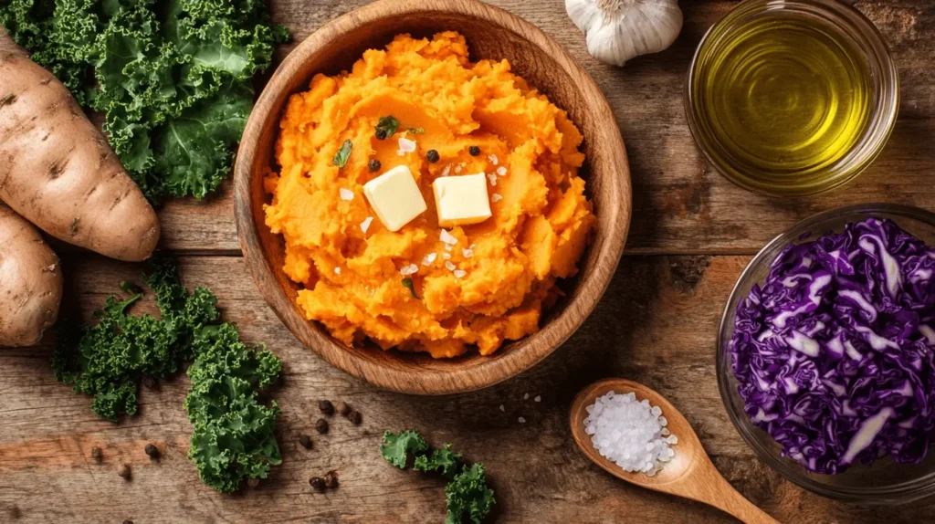 Fresh ingredients including sweet potatoes, kale, cabbage, and garlic arranged on a wooden countertop in a modern kitchen.