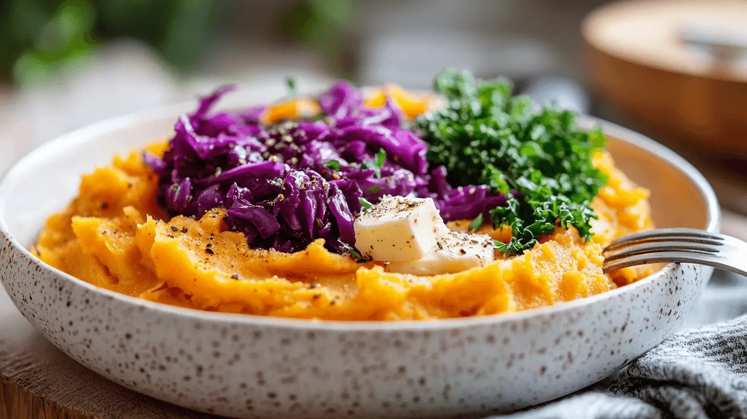 A plated Sweet Potato Mash with Garlic, Cabbage & Kale, garnished with black pepper and butter, served in a modern kitchen.