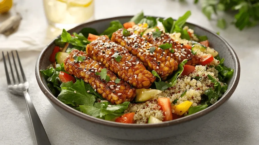 A beautifully plated tempeh salad bowl with crispy tempeh, fresh vegetables, quinoa, and miso dressing, served in a ceramic bowl on a modern kitchen counter.