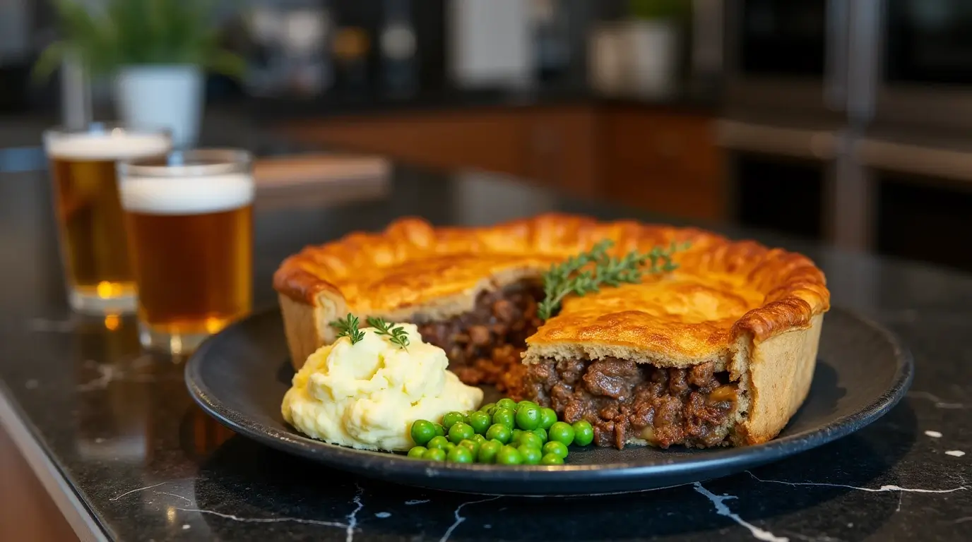 A fully baked Beef & Beer Pie with golden crust and hearty beef filling, served with mashed potatoes and peas in a modern kitchen setting.