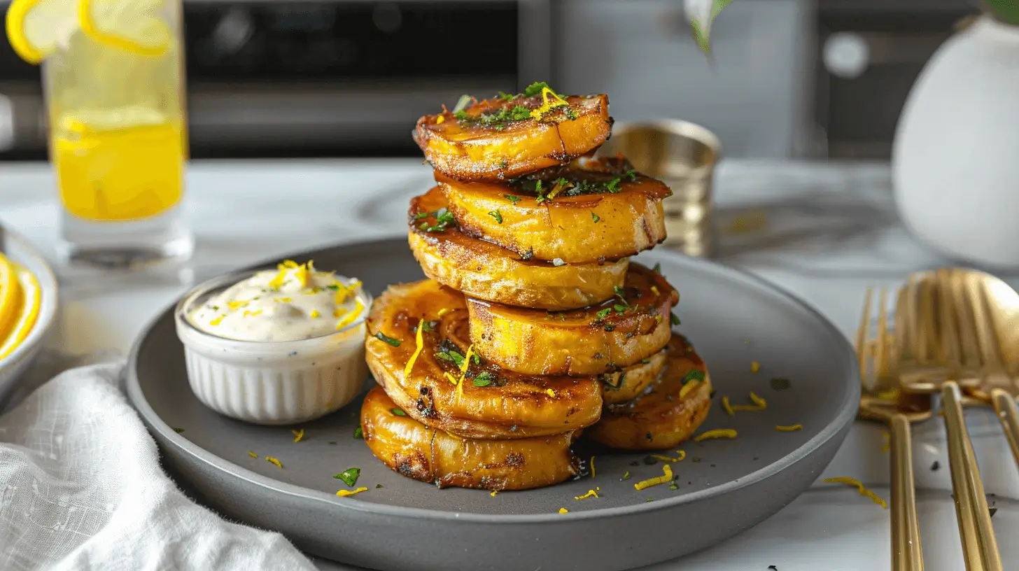 Crispy plantains plated with banana aioli dip in a ramekin, garnished with herbs, served on a stoneware plate in a modern kitchen.
