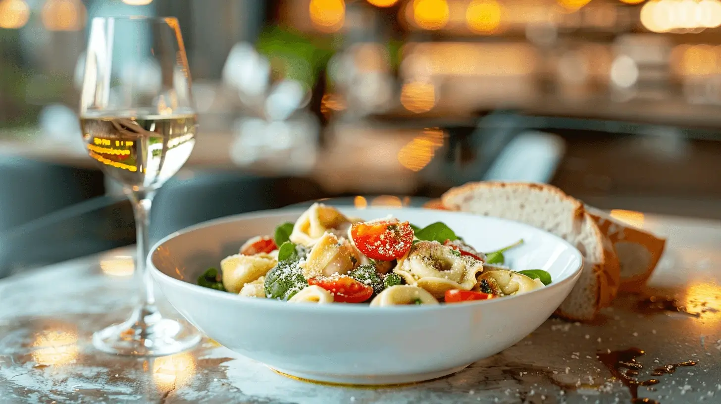 A plated Tomato & Spinach Tortellini Salad served in a modern kitchen with a glass of wine and rustic bread on the side.