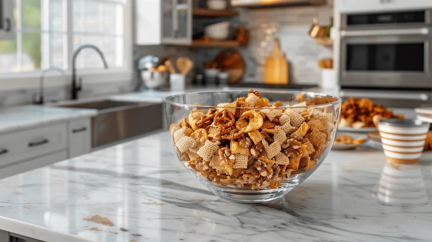 A glass bowl of golden, savory Chex Mix served in a modern kitchen with small cups and bowls ready for guests.