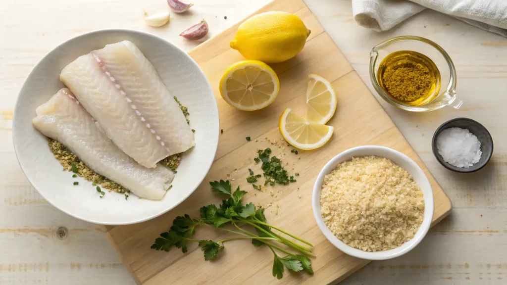 Flat-lay of raw fish fillets, seasoned breadcrumbs, garlic, parmesan, parsley, lemon zest, olive oil, and lemon wedges on a wooden counter.