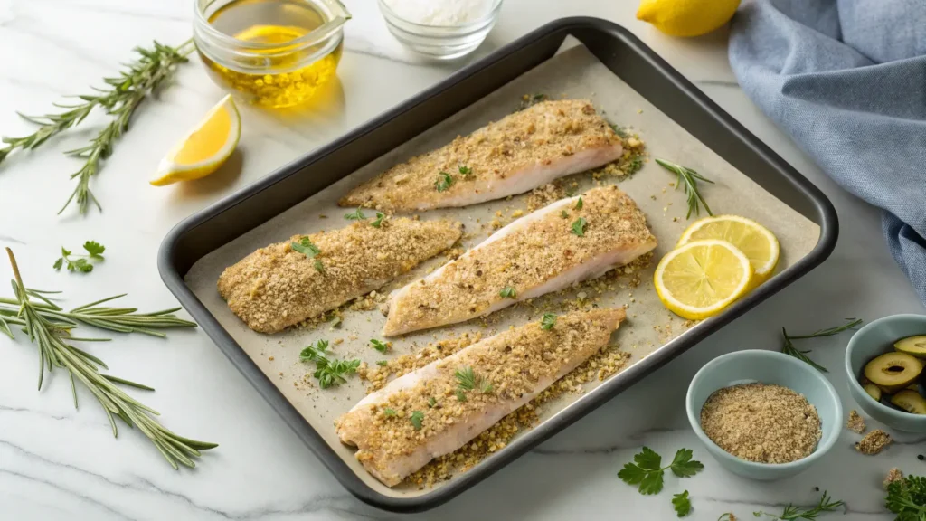 Unbaked fish fillets in a tray topped with seasoned breadcrumbs, lemon wedges on the side, and herbs scattered on a marble countertop.